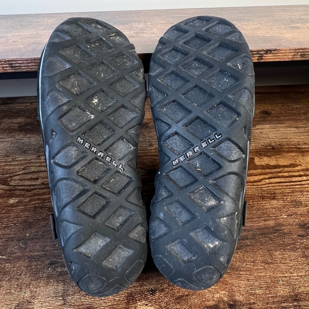 Merrell Suede Leather Clog Slip On Shoes Black Camo Tag Walking Trail Size 4 - Picture 8 of 11